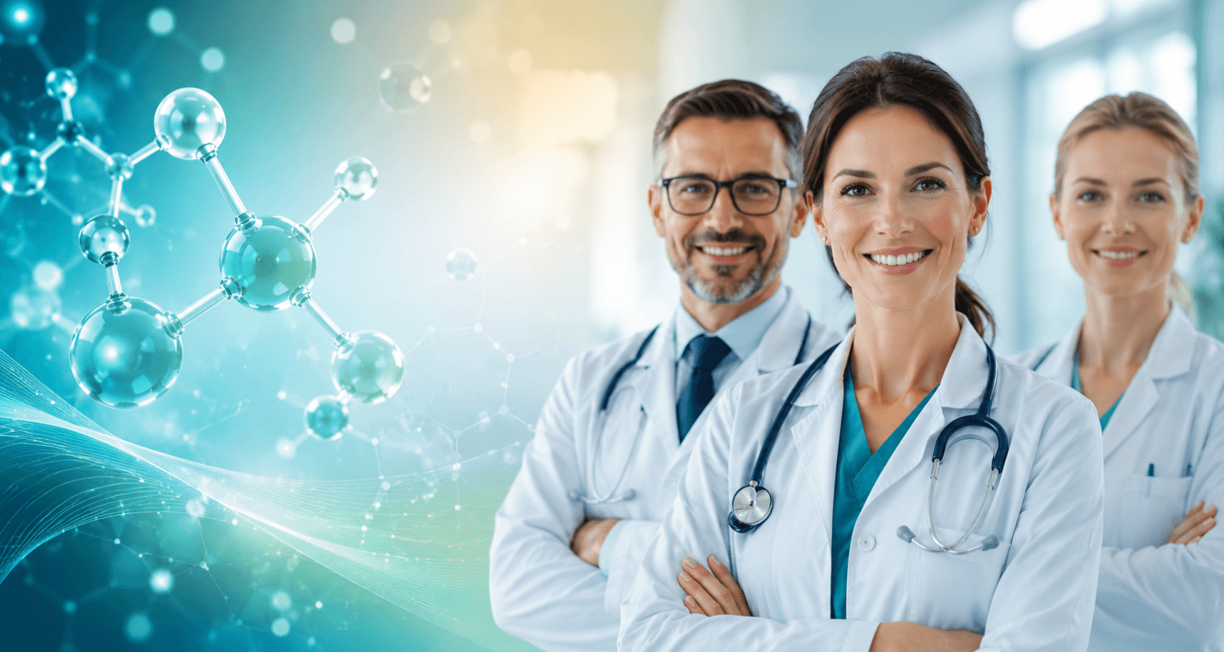Profesioniști medicali alături de o reprezentare moleculară